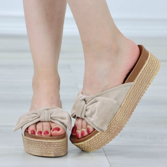 Suede Nude Bow Comfort Platform Sandal Slip On Sliders - Picture 12 of 14